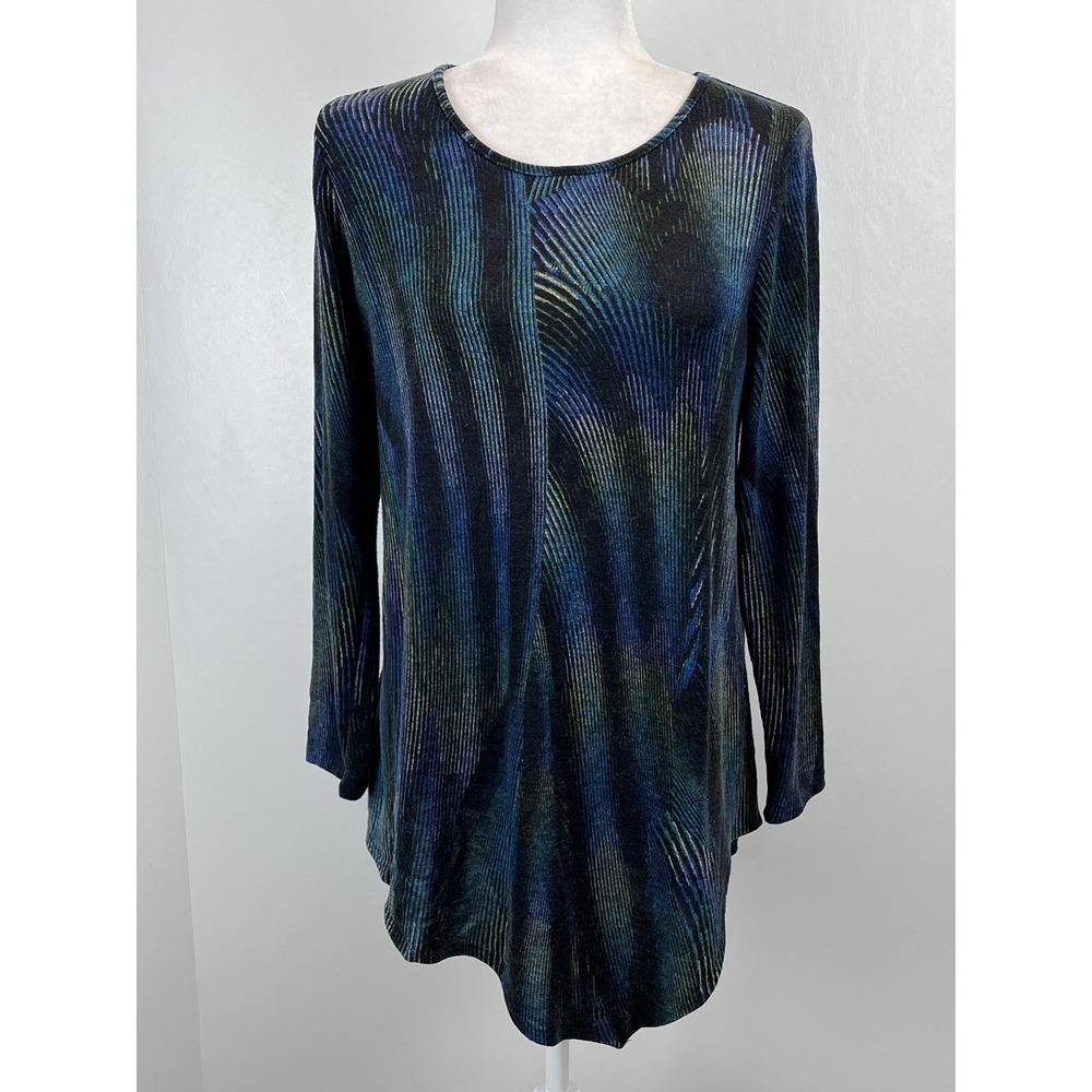 Clara Sun Woo Knit Tunic Shirt Sz Small Womens Made In USA Abstract Blue Black